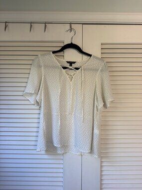 Banana Republic White Polka Dot Blouse — Size Medium, Lace-Up Neck